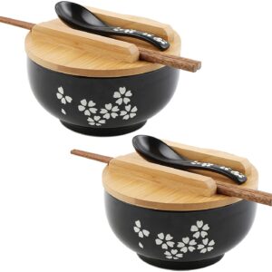 Ramen Bowl Set, Japanese Ramen Noodle Bowls with Lid Spoon, Large Ceramic Soup Bowl, Black Hand Drawn Rice Bowl Retro Tableware Noodle Bowl 6.5 inch-Perfect Gifts