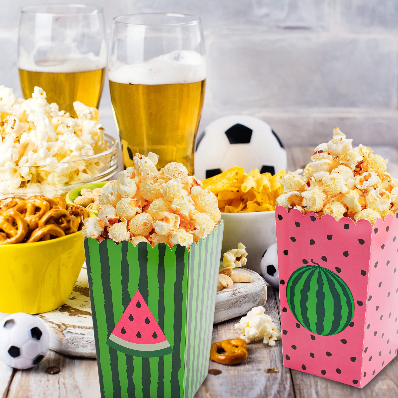 Whaline 24 Pack Watermelon Popcorn Boxes Snack Treat Favor Boxes Melon Print Candy Cookie Container for Watermelon Theme Birthday Favors Movie Night Party Supplies Decoration, 2 Design