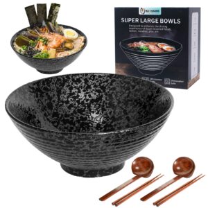 njcharms japanese ceramic ramen bowls, 42 oz noodles bowls, premium large porcelain soup bowl for kitchen, set of 2,black ramen bowl
