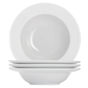 buyajuju porcelain round soup plates, pasta bowls set of 4, classic white deep soup bowls, ceramic rimmed bowls, 9.1 inches diameter with rim plates.