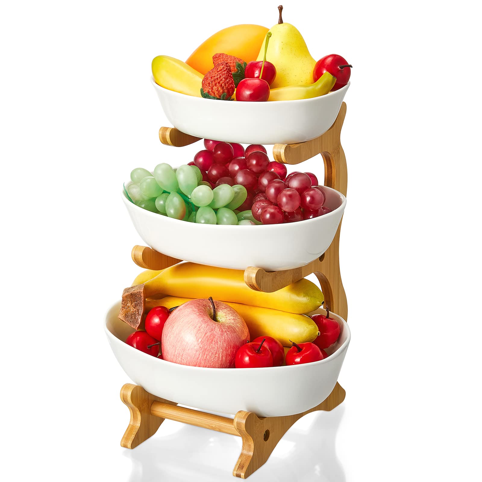 3 Tiered Fruit Basket Fruit Bowl for Kitchen Counter Fruit Bowl Bamboo Large Capacity Vegetable Storage Stand Wood Basket with 3 Pieces Porcelain Fruit Bowl Effortless to Clean Ceramic Fruit Holder