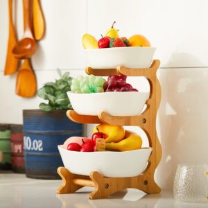 3 Tiered Fruit Basket Fruit Bowl for Kitchen Counter Fruit Bowl Bamboo Large Capacity Vegetable Storage Stand Wood Basket with 3 Pieces Porcelain Fruit Bowl Effortless to Clean Ceramic Fruit Holder