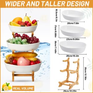 3 Tiered Fruit Basket Fruit Bowl for Kitchen Counter Fruit Bowl Bamboo Large Capacity Vegetable Storage Stand Wood Basket with 3 Pieces Porcelain Fruit Bowl Effortless to Clean Ceramic Fruit Holder