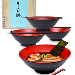 APEX S.K. 4 Sets 51 Ounce Large Japanese Ramen Noodle Soup Bowl Melamine Hard Plastic Dishware Ramen Bowl Set with Matching Spoon and Chopsticks for Udon Soba Pho Asian Noodles