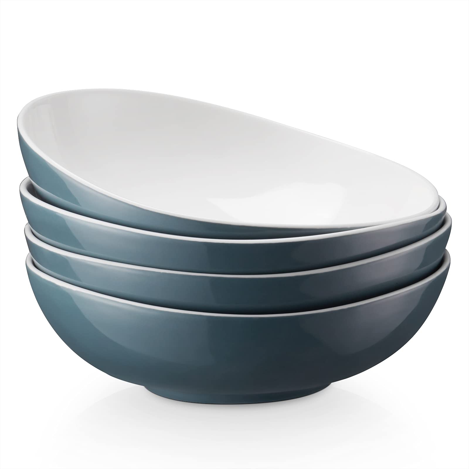 DOWAN Pasta Bowls, 42 oz Large Pasta Bowl Set of 4, Wave Ceramic Salad Serving Bowls, Porcelain Pasta Plates Set, Dinner Bowls for Kitchen, Microwave Dishwasher Oven Safe, Air Blue