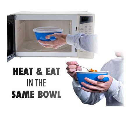 Cool Touch Microwave Safe 3 Piece Bowl Set, 24 Oz - Heat, Eat And Store All In One - Quality Ceramic Bowl, Heat Holder And Lid - Easy Clean Dishwasher Safe - Microwave Bowl, Blue