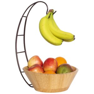 totally bamboo fruit basket bowl with banana holder hanging hook, bamboo wood fruit bowl for kitchen counter