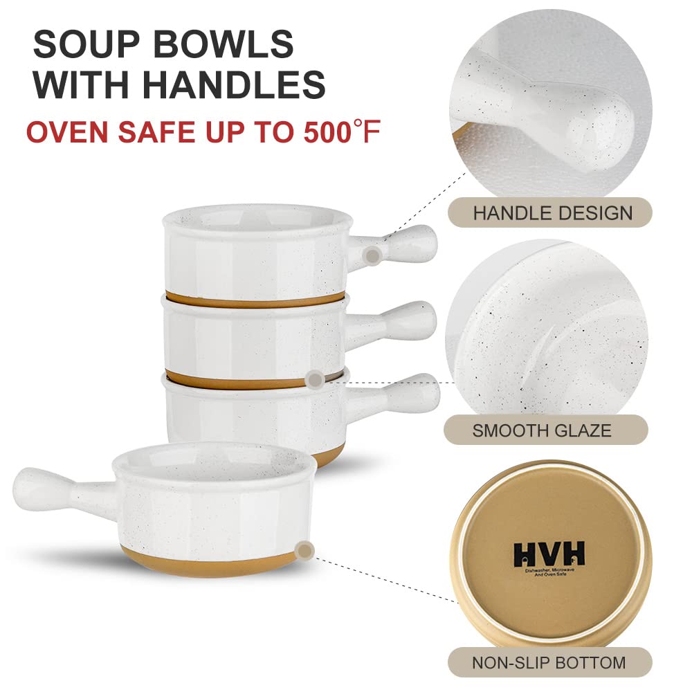 HVH French Onion Soup Bowls With Handles Microwave Safe, Ceramic Soup Bowl Set of 4, 15 Oz Soup Crocks for Oatmeal, Stew, Chili, Dessert, Farmhouse Style (White)