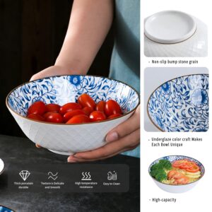 AnBnCn 40 OZ Large Ceramic Bowls Set of 4 - Blue and White Porcelain - Ideal for Pho, Ramen, Salad, Soup, Cereal and Fruit - Dishwasher & Microwave Safe(Assorted Patterns)