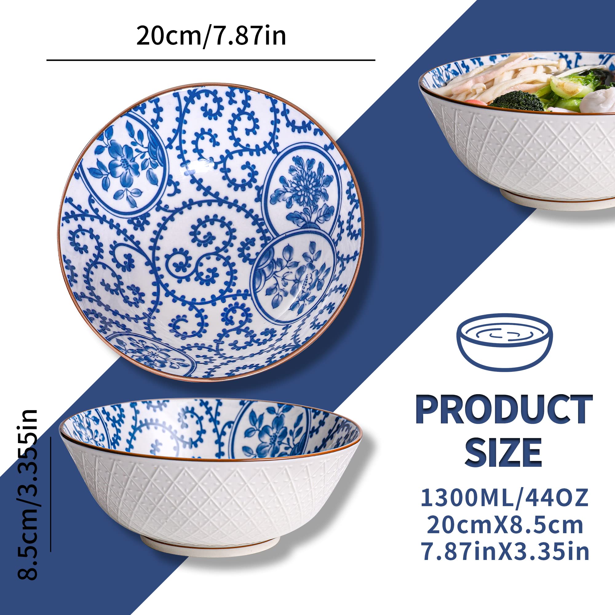 AnBnCn 40 OZ Large Ceramic Bowls Set of 4 - Blue and White Porcelain - Ideal for Pho, Ramen, Salad, Soup, Cereal and Fruit - Dishwasher & Microwave Safe(Assorted Patterns)