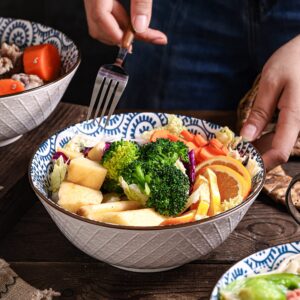 AnBnCn 40 OZ Large Ceramic Bowls Set of 4 - Blue and White Porcelain - Ideal for Pho, Ramen, Salad, Soup, Cereal and Fruit - Dishwasher & Microwave Safe(Assorted Patterns)