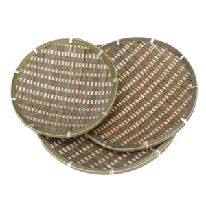 3packs 100% handwoven flat wicker round fruit bamboo basket woven food storage weaved shallow tray holder bowl decorative rack display for food fruit serving stand decor (green, 3pcs bulk price)