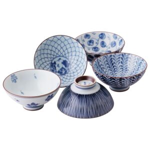 mino ware japanese pottery set - traditional japanese rice bowls - blue and white asian bowls - hand painted bowls - premium japanese ceramic - 5 pieces japanese soup bowl set