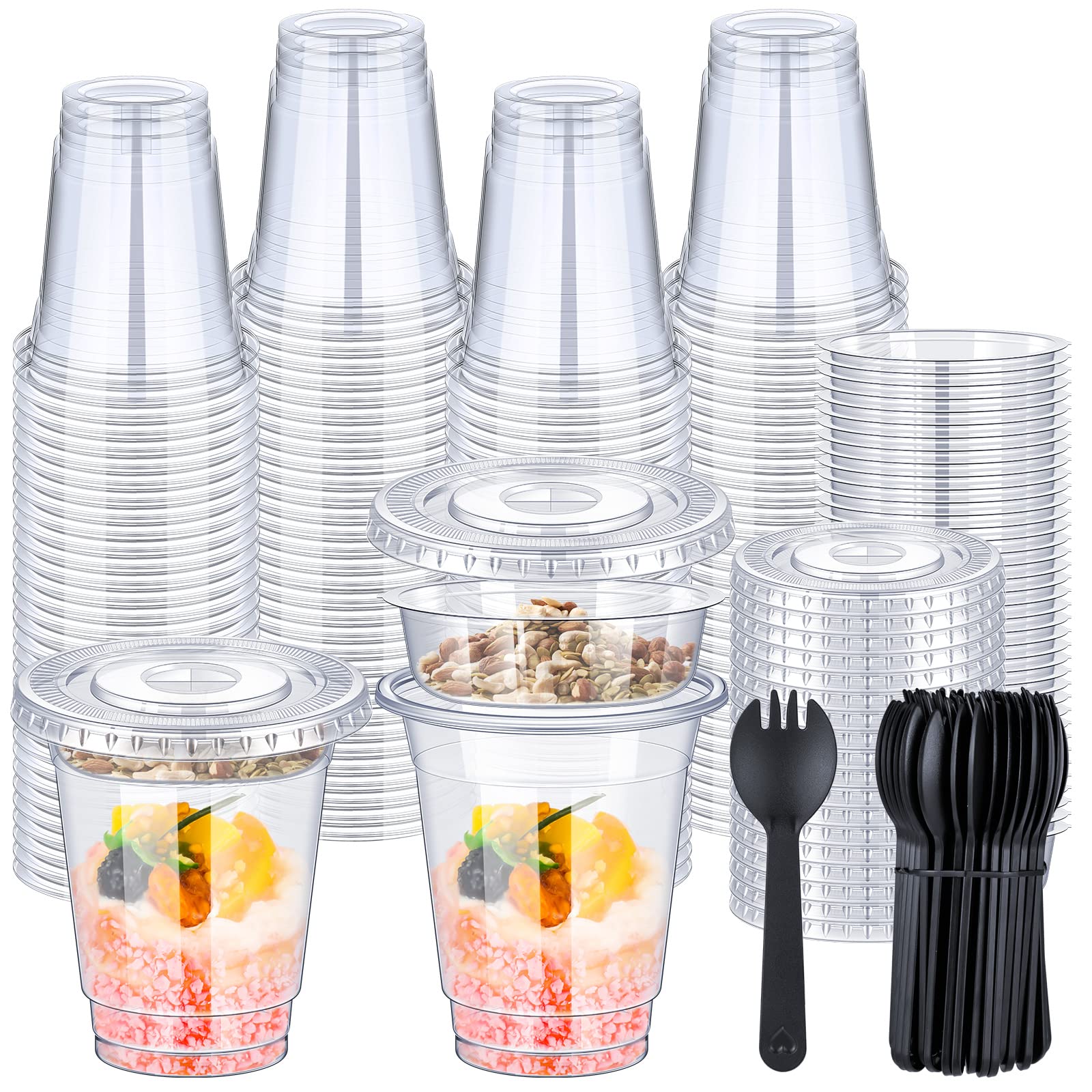 WILLBOND 100 Sets 12oz Clear Plastic Parfait Cups with Flat Lids Insert Yogurt Fruit Parfait Cups Spill and Anti Leak Dessert Disposable Cups with Spoons for Yogurt Parfait, Fruits Veggies and Dips