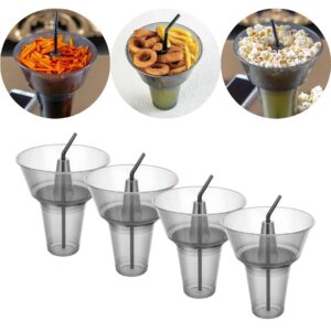 eynel stack n' sip snack cups, 4 pack reusable plastic drink and snack cups with straws stadium tumbler with top bowl for french fries and coke perfect for one-handed on-the-go usage (round, 4, count)