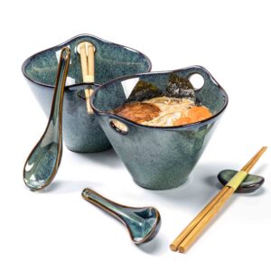henten home 20 oz ramen bowls set, ceramic japanese noodle bowls set of 2, porcelain deep salad bowl with chopsticks for udon, reactive glaze, microwave safe (teal)