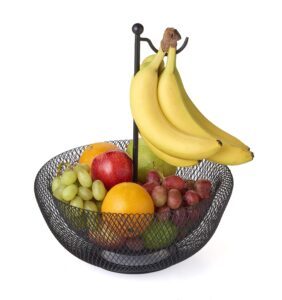 nifty banana hook mesh fruit bowl – black powder coated design, double walled basket, modern kitchen counter organizer, decorative home storage holder
