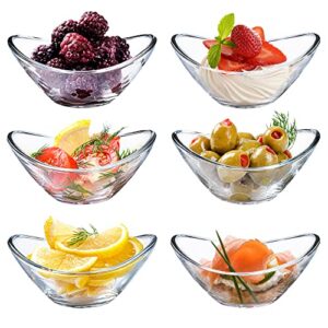 crystalia glass pinch bowls, small boutique sauceboat bowls set for kitchen prep, cooking and serving bowls for fruit, sauce, dipping and candy, set of 6