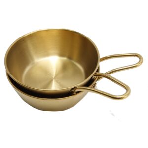 2 pack 4.7inch stainless steel sauce bowls with handle korean traditional wine bowls,hiking soup dish, rice wine cup soy sauce dish condiment dipping bowl(golden)