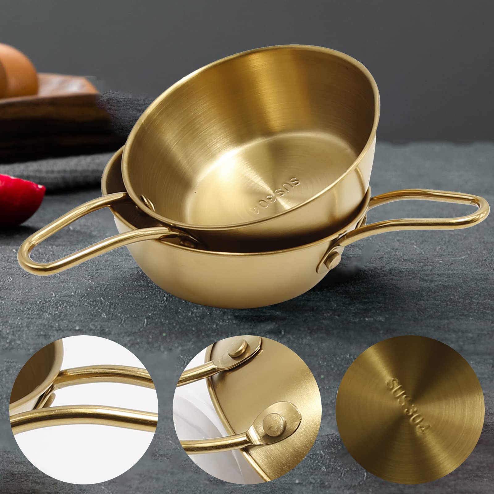 2 Pack 4.7inch Stainless Steel Sauce Bowls with Handle Korean Traditional Wine Bowls,Hiking Soup Dish, Rice Wine Cup Soy Sauce Dish Condiment Dipping Bowl(Golden)