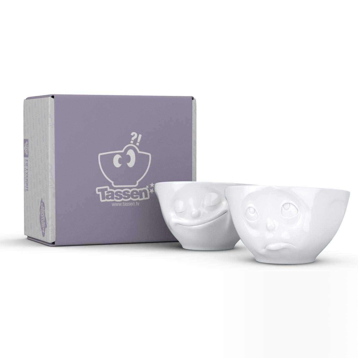 FIFTYEIGHT PRODUCTS TASSEN Medium Porcelain Bowl Set No. 2, Happy & Oh Please Face, 6.5 oz. White (Set of 2 Bowls)