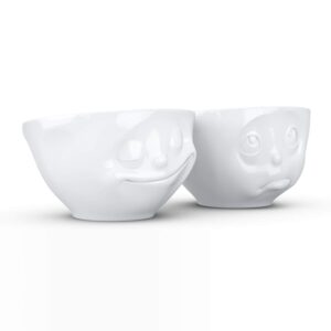 FIFTYEIGHT PRODUCTS TASSEN Medium Porcelain Bowl Set No. 2, Happy & Oh Please Face, 6.5 oz. White (Set of 2 Bowls)