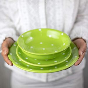 City to Cottage Handmade Lime Green and White Pottery Polka Dot Glazed 7.3inch/18.5cm, 14oz/400ml Salad, Pasta, Fruit, Cereal, Soup Bowl | Unique Ceramic Dinnerware, Housewarming Gift