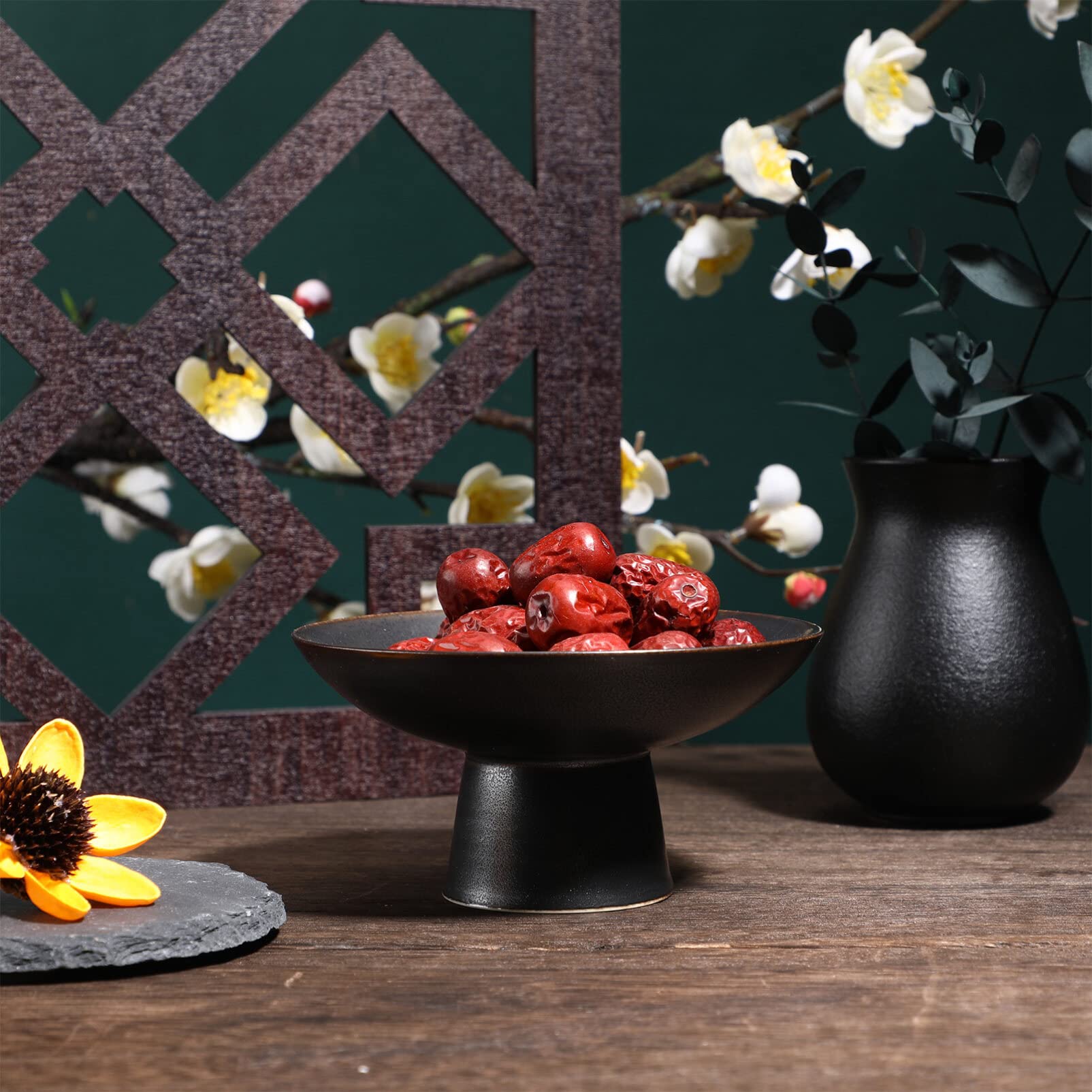 YARNOW Serving Fruit Tray ceramic display stand fruit bowl with base retro round fruit holder footed fruit display container for fruits snacks jewelry display stand black display stand Serving Bowl