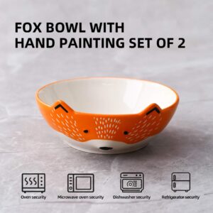 GoldenPlayer 3D Fox Ceramic Salad Bowl Cereal Bowl Pasta Bowls, 2pc 6inch Bowls Set for Soup Fruits - Orange and White