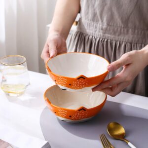 GoldenPlayer 3D Fox Ceramic Salad Bowl Cereal Bowl Pasta Bowls, 2pc 6inch Bowls Set for Soup Fruits - Orange and White