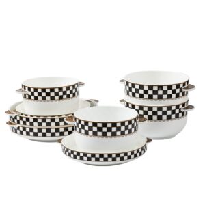porlien checkered 8-piece plates and bowls set with handles, set of 2, dessert/cereal bowls & salad/soup/dessert plates