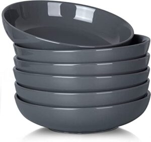 glowsol elegant grey 8" large salad serving bowls, ceramic plates, soup bowls, porcelain pasta bowls set of 6, microwave dishwasher safe, wide and flat bowls