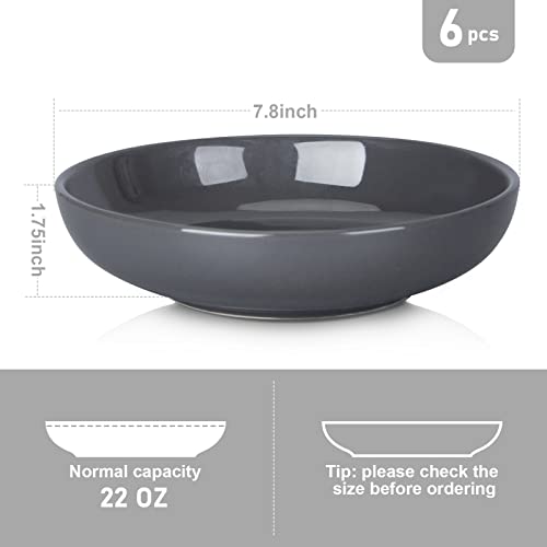 GlowSol Elegant Grey 8" Large Salad Serving Bowls, Ceramic Plates, Soup Bowls, Porcelain Pasta Bowls Set of 6, Microwave Dishwasher Safe, Wide and Flat Bowls