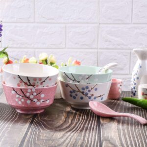 Whitenesser Japanese Rice Bowls Set of 4 Color - 5 Inch - Japanese Style Hand-painted Floral Plum Ceramic Bowls For Dessert Snack Cereal Soup and Rice