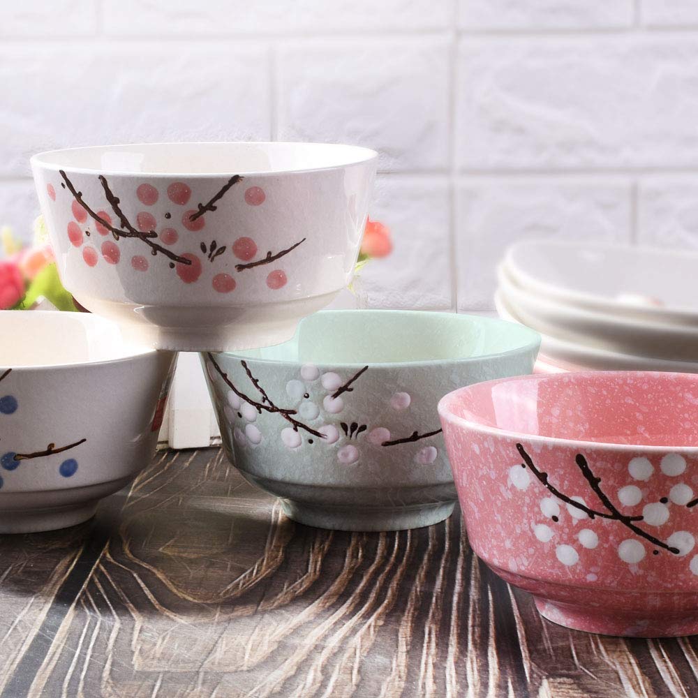 Whitenesser Japanese Rice Bowls Set of 4 Color - 5 Inch - Japanese Style Hand-painted Floral Plum Ceramic Bowls For Dessert Snack Cereal Soup and Rice
