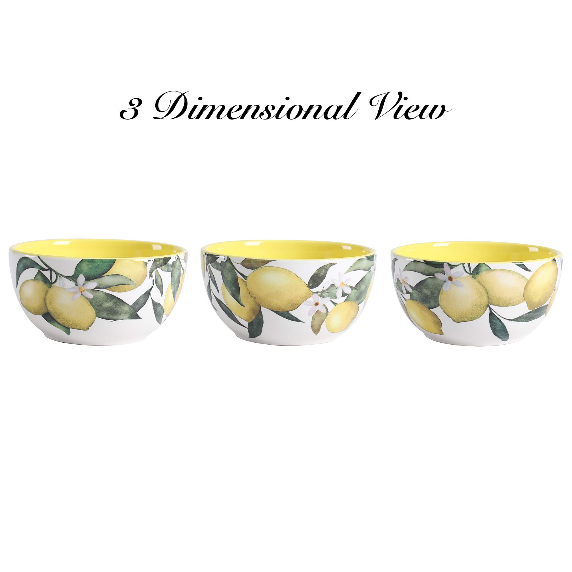 Bico Lemon Dreams Ceramic Bowls Set of 4, 26oz, for Pasta, Salad, Cereal, Soup & Microwave & Dishwasher Safe