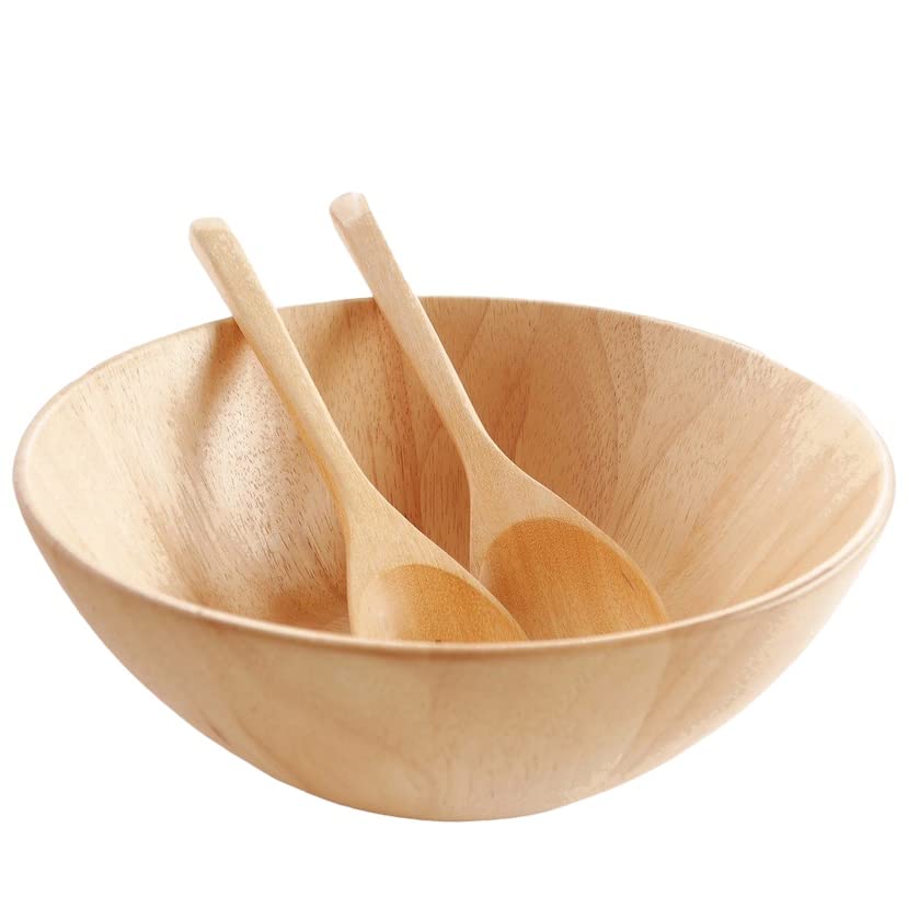 Wooden Bowls 10” Set with Salad Spoon and Fork - 100% Natural Hardwood Serving Bowls for Fruits, Salads, and More l Family-Style Dining l Wooden Salad Bowl Serving