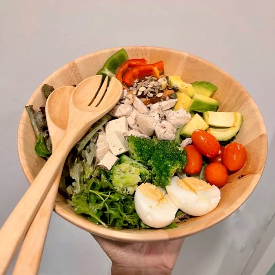 Wooden Bowls 10” Set with Salad Spoon and Fork - 100% Natural Hardwood Serving Bowls for Fruits, Salads, and More l Family-Style Dining l Wooden Salad Bowl Serving