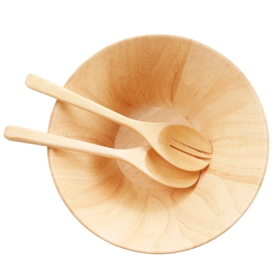 Wooden Bowls 10” Set with Salad Spoon and Fork - 100% Natural Hardwood Serving Bowls for Fruits, Salads, and More l Family-Style Dining l Wooden Salad Bowl Serving