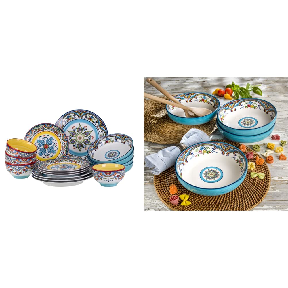 Euro Ceramica Zanzibar 16-Piece Dinnerware Set + Pasta Bowl Set | Vibrant Floral Spanish Design Tableware