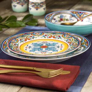 Euro Ceramica Zanzibar 16-Piece Dinnerware Set + Pasta Bowl Set | Vibrant Floral Spanish Design Tableware