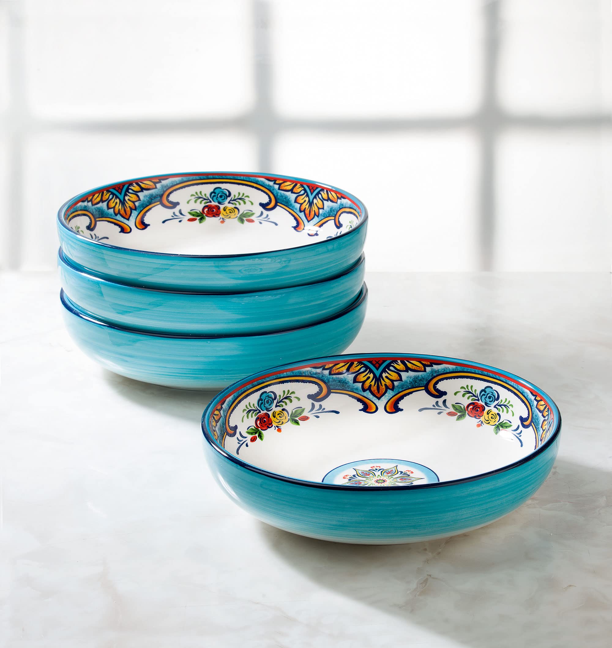 Euro Ceramica Zanzibar 16-Piece Dinnerware Set + Pasta Bowl Set | Vibrant Floral Spanish Design Tableware