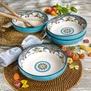 Euro Ceramica Zanzibar 16-Piece Dinnerware Set + Pasta Bowl Set | Vibrant Floral Spanish Design Tableware