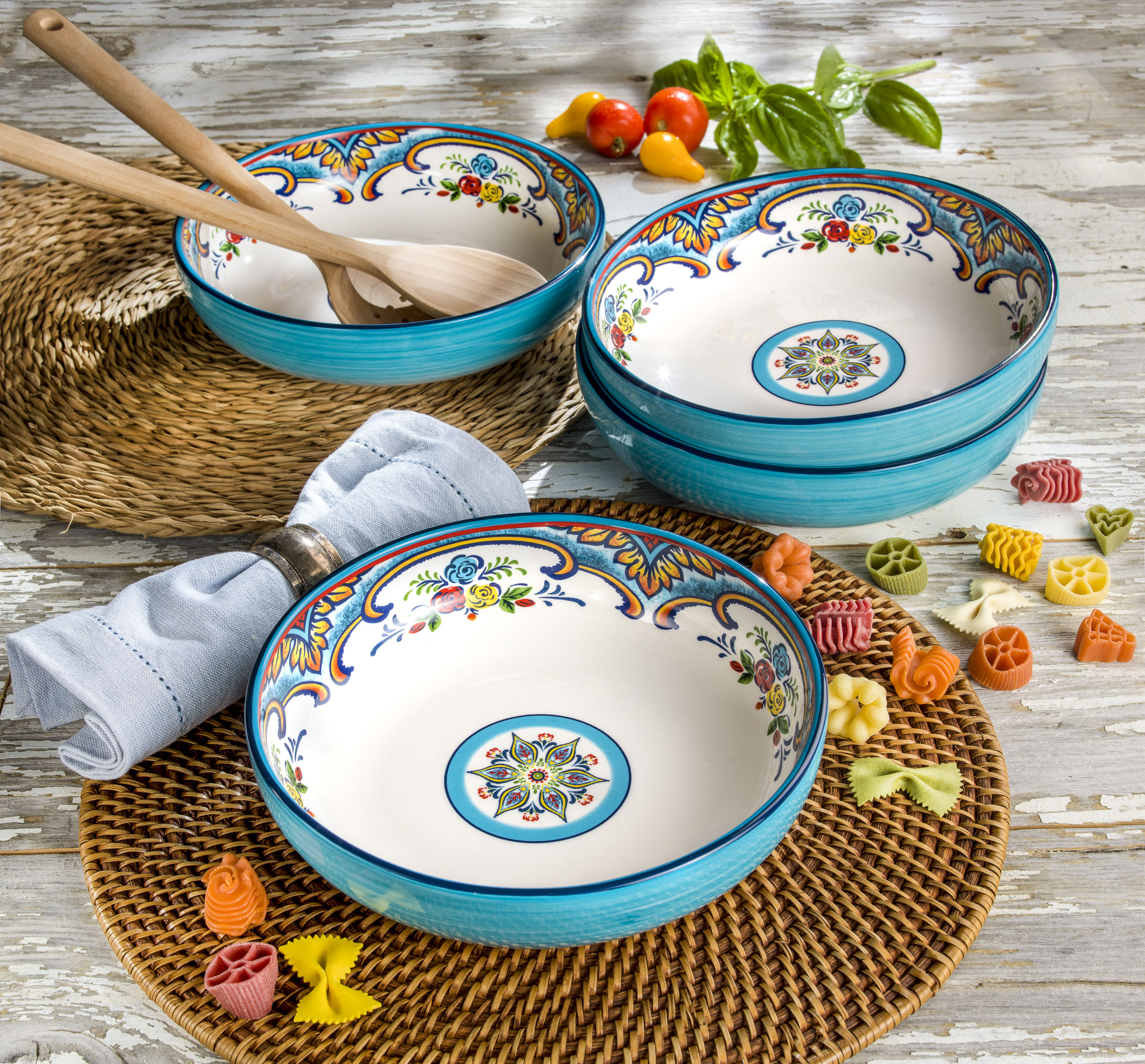 Euro Ceramica Zanzibar 16-Piece Dinnerware Set + Pasta Bowl Set | Vibrant Floral Spanish Design Tableware