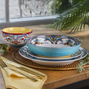 Euro Ceramica Zanzibar 16-Piece Dinnerware Set + Pasta Bowl Set | Vibrant Floral Spanish Design Tableware