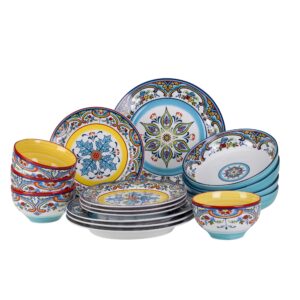 Euro Ceramica Zanzibar 16-Piece Dinnerware Set + Pasta Bowl Set | Vibrant Floral Spanish Design Tableware