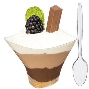dlux 50 x 5 oz mini dessert cups with spoons, large swirl - clear plastic parfait appetizer cup - small reusable serving bowl for tasting party desserts appetizers - with recipe ebook