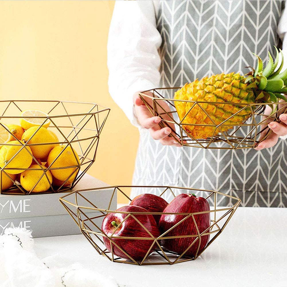 IBWell Geometric Metal Wire Fruit Bowl, Iron Arts Fruit Storage Baskets for Kitchen Counter, Countertop, Home Decor, Table Centerpiece Decorative hold Vegetables, Bread, Snacks, Potpourris(Large Gold)