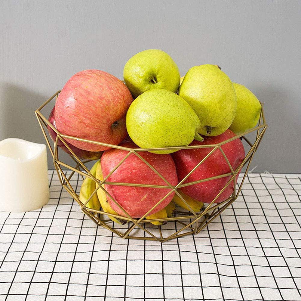 IBWell Geometric Metal Wire Fruit Bowl, Iron Arts Fruit Storage Baskets for Kitchen Counter, Countertop, Home Decor, Table Centerpiece Decorative hold Vegetables, Bread, Snacks, Potpourris(Large Gold)