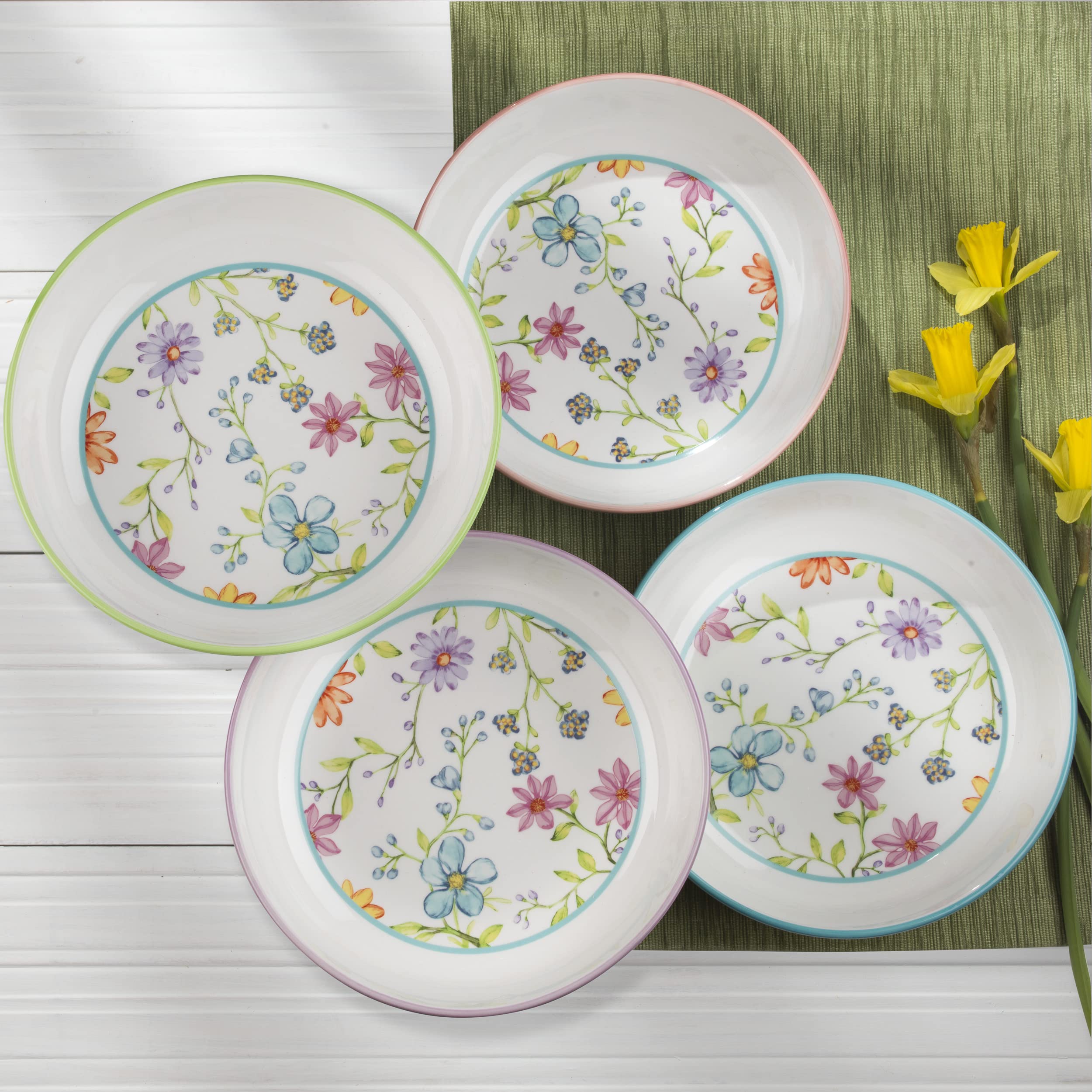 Euro Ceramica Charlotte Collection Pasta Bowls Set of 4 Service for 4, Watercolor Floral Design in Multicolor White Pink